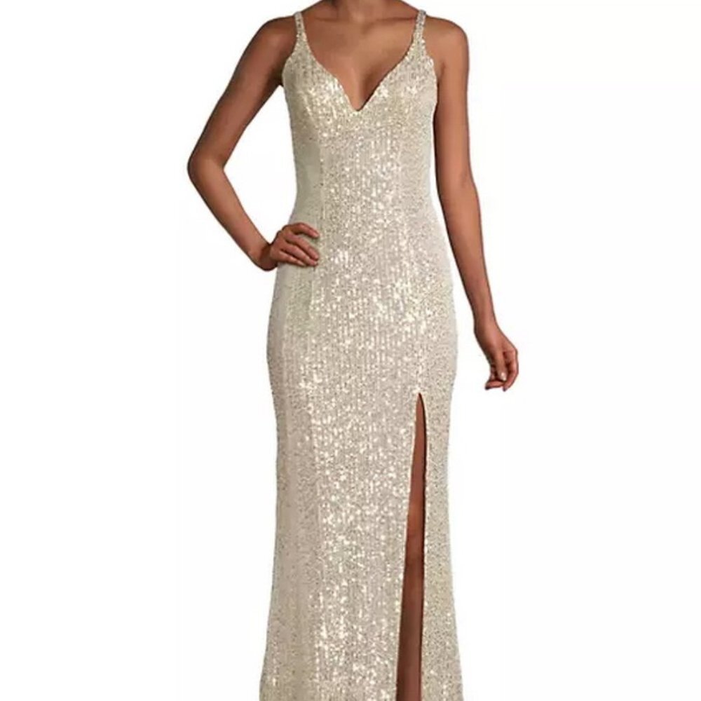 Mac Duggal Silver Sequin Side Slit Column Gown Prom